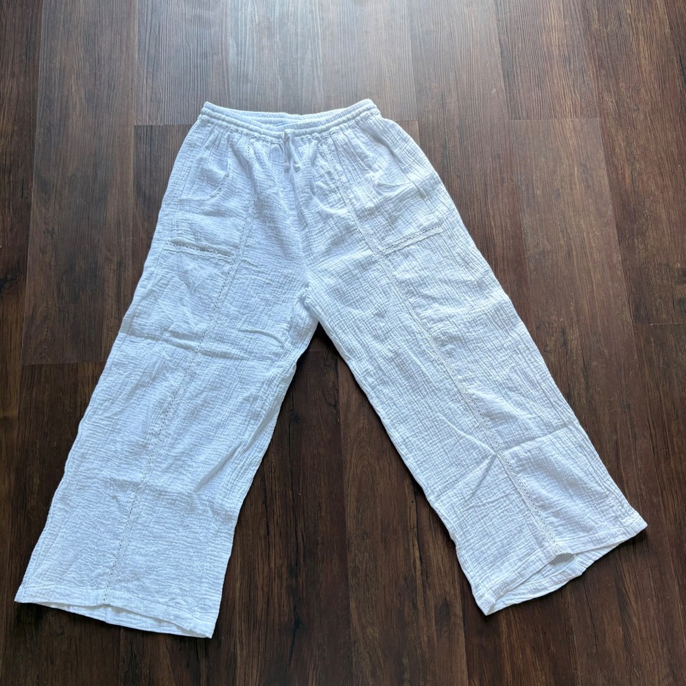 White‎ 100% Cotton Gauze Wide Leg Culottes Drawstring Pants L Resort Beach Boho
